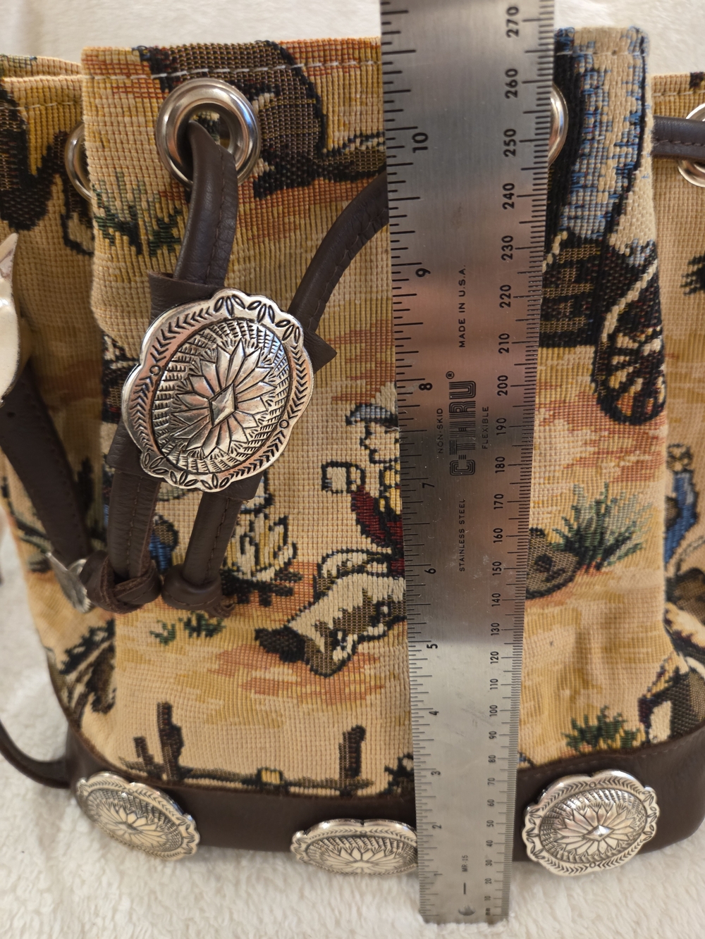 Vintage Southwestern Tapestry Bucket Bag | Western Leather Drawstring Purse - Picture 8 of 10